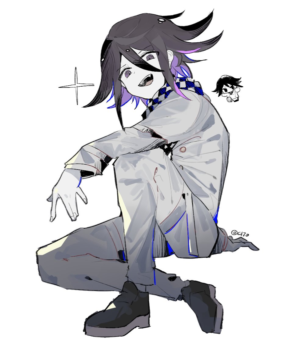 1boy arm_support black_hair buttons cha_c170 checkered_clothes checkered_scarf chibi commentary danganronpa_(series) danganronpa_v3:_killing_harmony flipped_hair full_body hair_between_eyes knee_up leaning_on_self long_sleeves looking_at_viewer male_focus monochrome oma_kokichi open_mouth pants purple_eyes purple_hair ringed_eyes scarf simple_background sitting solo sparkle thigh_strap two-tone_scarf white_background