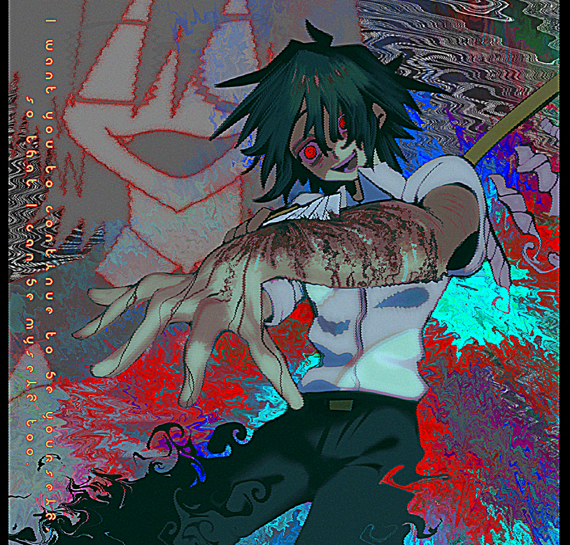 0000k_lll 2boys black_hair bleeding blood blood_on_arm boxcutter cuts english_text glasses holding holding_boxcutter injury male_focus multiple_boys pillarboxed randal&#039;s_friends randal_ivory red_eyes self-harm self-harm_scar short_hair tsukada_satoru wrist_cutting