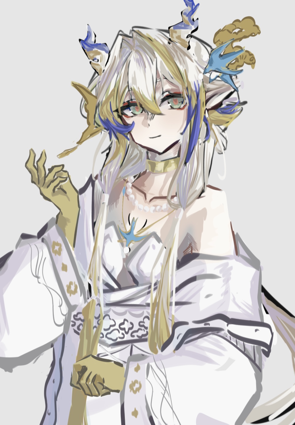 1girl ambience_synesthesia arknights bare_shoulders blonde_hair choker closed_mouth collarbone colored_extremities commentary dragon_girl dragon_horns english_commentary green_eyes grey_background hair_between_eyes hair_intakes hand_up highres horns jewelry kudoring light_smile long_hair long_sleeves looking_at_viewer multicolored_hair necklace off_shoulder official_alternate_costume pearl_necklace pointy_ears purple_hair shu_(arknights) shu_(bingwenyuyou)_(arknights) simple_background sketch solo white_hair yellow_choker
