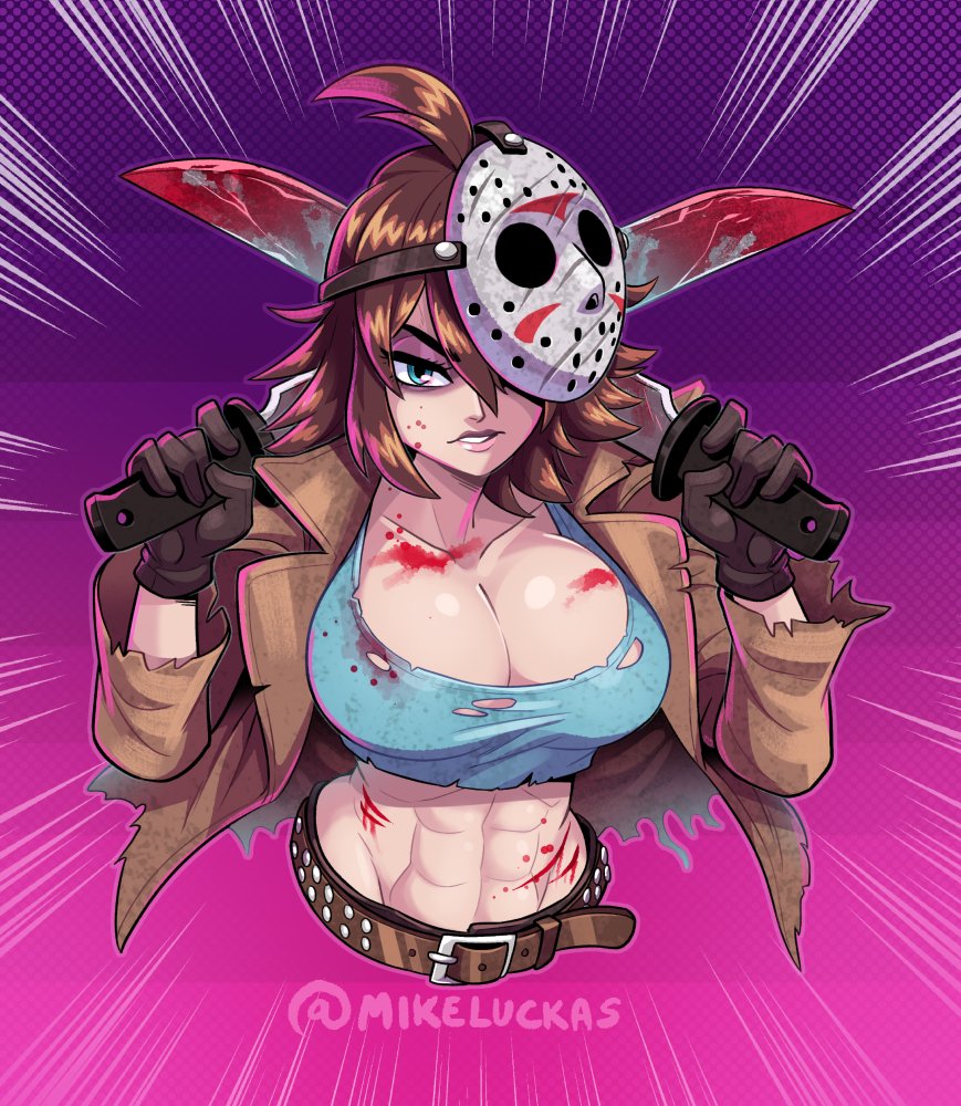 1girl abs ahoge belt bishoujo_terror black_gloves blood blood_on_chest blood_on_clothes blood_on_face bloody_weapon blue_eyes breasts brown_hair cleavage cocked_eyebrow commentary dual_wielding english_commentary friday_the_13th genderswap genderswap_(mtf) gloves hockey_mask holding horror_(theme) jason_voorhees jason_voorhees_(kotobukiya_bishoujo) kotobukiya_bishoujo large_breasts machete mask midriff mike_luckas muscular muscular_female scratches short_hair tomboy twitter_username upper_body weapon