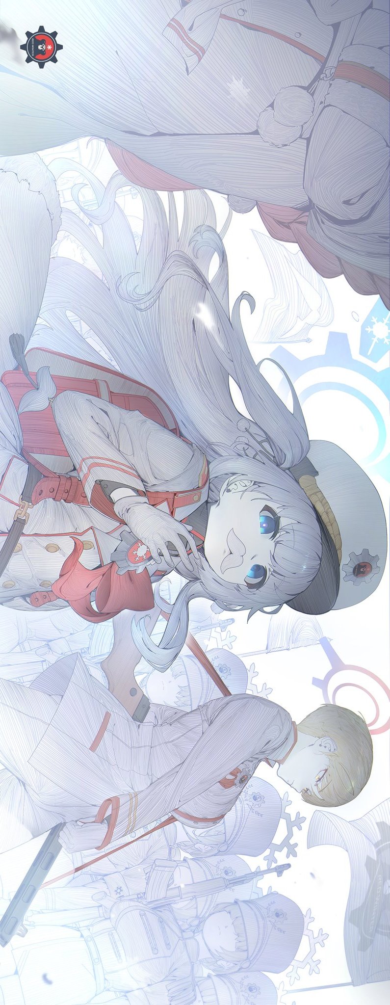 backpack bag blonde_hair blue_archive blue_eyes blue_halo bow breasts cherino_(blue_archive) fake_facial_hair fake_mustache flag from_below gloves gun halo hand_up hat highres holding holding_gun holding_weapon jacket jaeb_(kkrt0302) large_breasts long_hair long_sleeves looking_at_viewer looking_to_the_side marina_(blue_archive) multiple_girls randoseru red_bow red_winter_guard_(blue_archive) ribbon short_hair sideways simple_background small_breasts weapon white_background white_gloves white_hair white_jacket yellow_eyes