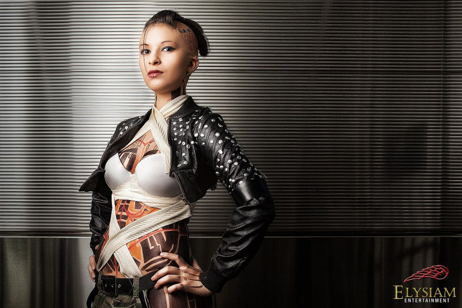 1girl cosplay female_focus jack_(mass_effect) mass_effect_(series) mass_effect_3 mohawk photo_(medium) ponytail solo tattoo