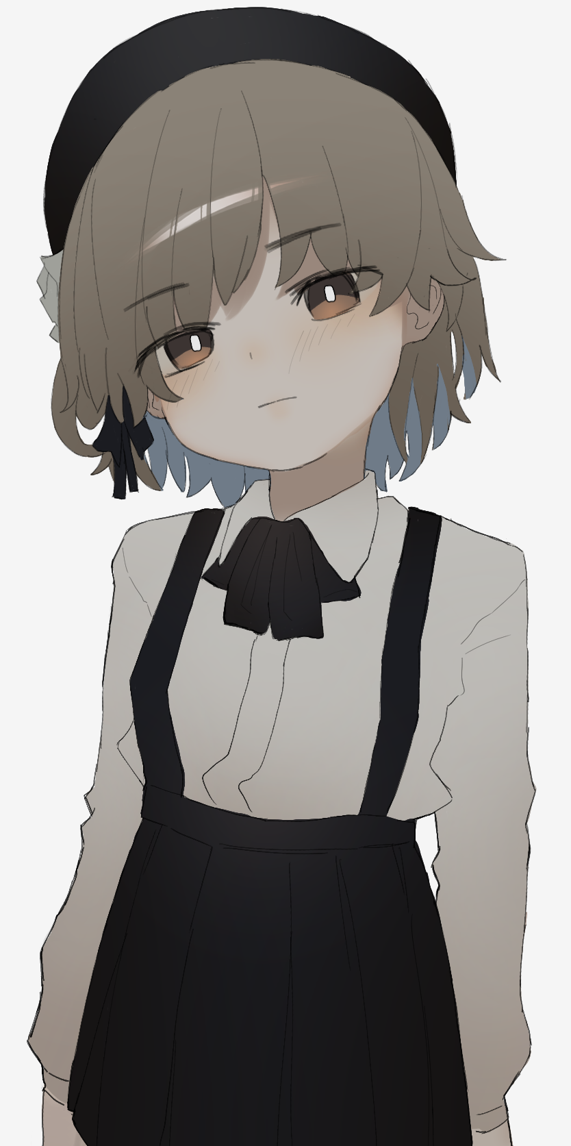 1girl ajiitou arms_at_sides bad_id black_bow black_hat black_neckwear black_skirt bow bright_pupils brown_eyes expressionless female_focus grey_hair hair_bow hat hatoba_tsugu head_tilt high-waist_skirt highres shirt simple_background skirt solo suspender_skirt suspenders virtual_youtuber white_background white_pupils white_shirt