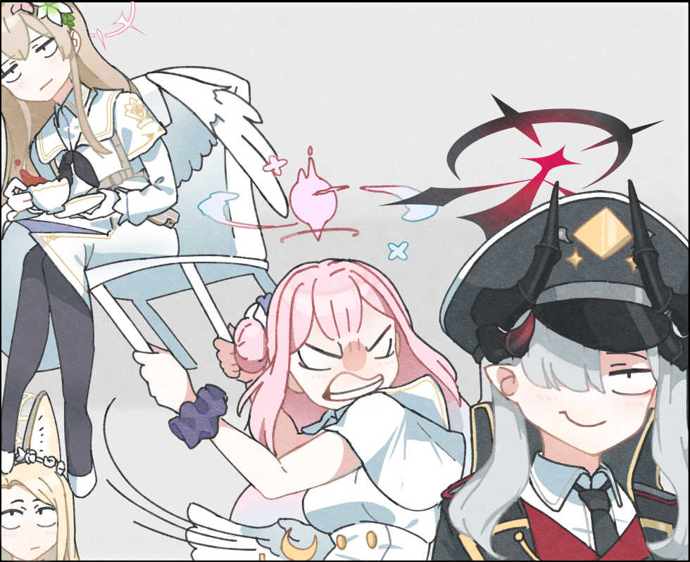 4girls angry animal_ears black_hat black_necktie black_pantyhose blank_eyes blonde_hair blue_archive breasts brown_hair capelet chair clenched_teeth collared_shirt commentary cup demon_horns facing_viewer fox_ears fox_girl grey_background grey_hair hair_over_one_eye halo hat holding holding_chair holding_cup horns looking_at_another makoto_(blue_archive) mika_(blue_archive) multiple_girls nagisa_(blue_archive) necktie pantyhose peaked_cap pointy_ears sam_szero scrunchie seia_(blue_archive) shirt shoes simple_background sitting smile tea tea_party_(blue_archive) teacup teeth unamused white_capelet white_shoes white_wings wings wrist_scrunchie