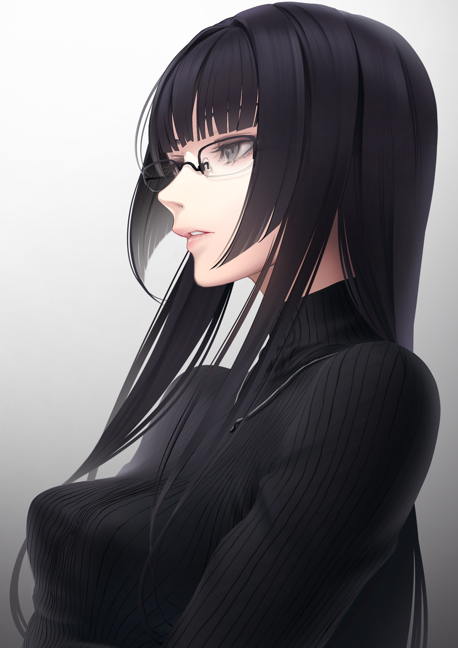 1girl black_hair black_sweater breasts erise from_side glasses grey_eyes highres hime_cut jewelry long_hair looking_to_the_side necklace number-only_commentary original parted_lips small_breasts solo sweater turtleneck turtleneck_sweater upper_body