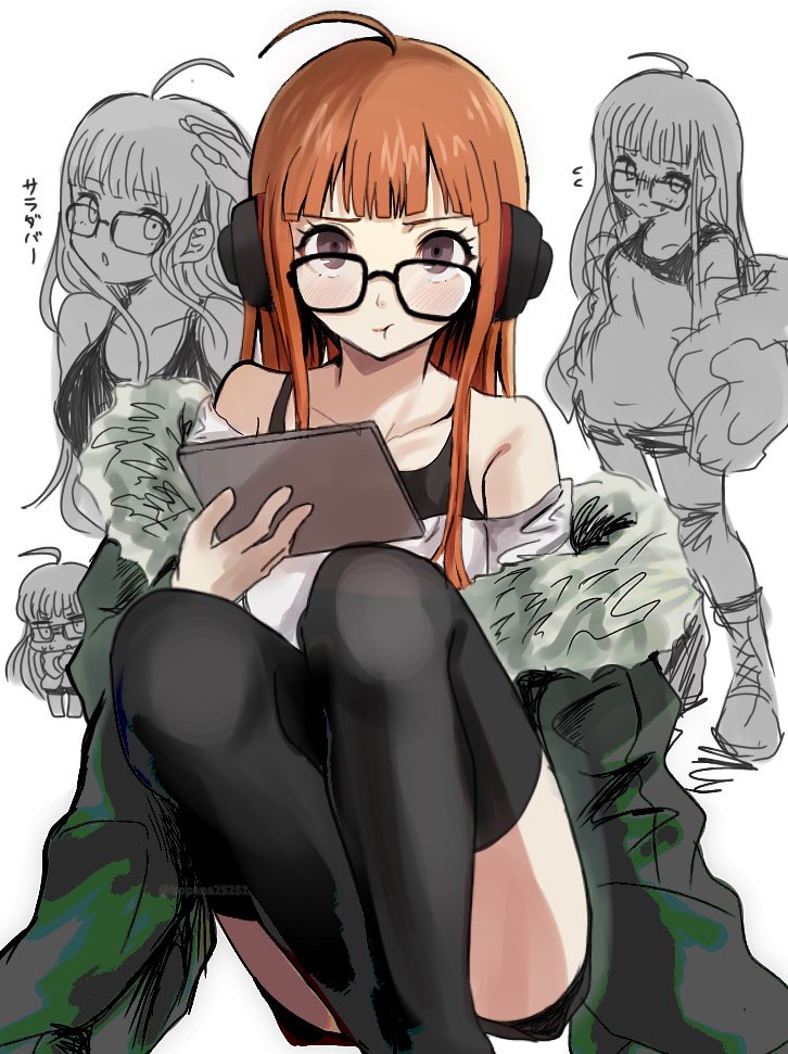 1girl :t ahoge bare_shoulders behind-the-head_headphones black-framed_eyewear black_pantyhose black_shorts blunt_bangs collarbone fur-trimmed_jacket fur_trim glasses green_jacket headphones holding holding_tablet_pc ikemen&#039;na_ore-shi jacket long_hair looking_at_viewer multiple_views off_shoulder orange_hair pantyhose persona persona_5 pout sakura_futaba shirt shorts simple_background sitting tablet_pc tank_top thighhighs