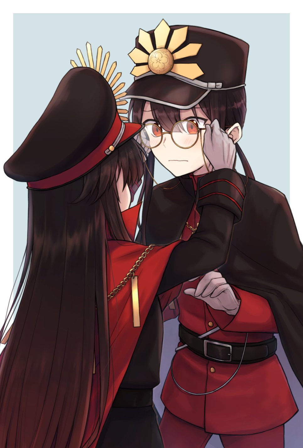1boy 1girl adjusting_another&#039;s_eyewear belt bespectacled black_cape black_hat black_jacket blue_background blush border brother_and_sister brown_belt brown_hair cape chain closed_mouth cowboy_shot crest eyewear_strap family_crest fate/grand_order fate_(series) glasses gloves gold_chain grey_gloves hair_between_eyes hand_up hat high_collar highres jacket kepi long_hair long_sleeves looking_at_another military_hat military_jacket military_uniform oda_nobukatsu_(fate) oda_nobunaga_(fate) official_alternate_costume outside_border peaked_cap raised_eyebrows red_cape red_eyes red_jacket siblings sidelocks teramoto_kei very_long_hair wavy_mouth white_border wide-eyed yellow-framed_eyewear