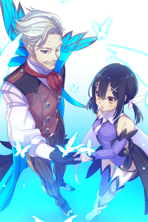 1boy 1girl bare_shoulders black_gloves black_hair blue_butterfly blush boots breasts brown_eyes bug butterfly cape detached_sleeves echo_(circa) facial_hair fate/grand_order fate/kaleid_liner_prisma_illya fate_(series) feather_hair_ornament feathers gloves grey_hair hair_ornament hairclip insect james_moriarty_(archer)_(fate) leotard long_hair magical_girl miyu_edelfelt miyu_edelfelt_(magical_girl) mustache one_eye_closed open_mouth pants purple_leotard purple_sleeves purple_thighhighs sidelocks small_breasts smile striped_clothes striped_pants thighhighs thighhighs_under_boots twintails vest white_cape white_footwear x_hair_ornament
