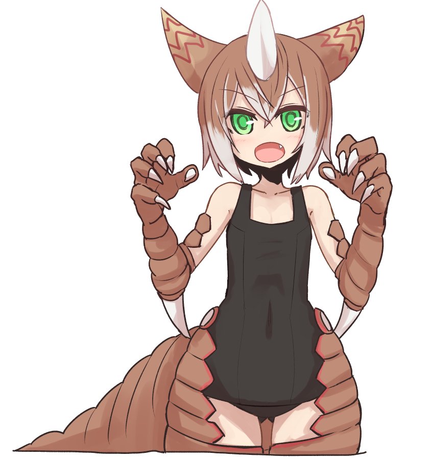 &gt;:o 1girl :o animal_ears bare_shoulders black_one-piece_swimsuit blush brown_hair claws covered_navel cowboy_shot explosive fang female_focus fingernails flat_chest gomora grenade hair_between_eyes hands_up horns looking_at_viewer monster_girl multicolored_hair new_school_swimsuit no_nose one-piece_swimsuit open_mouth scales school_swimsuit sharp_fingernails short_hair simple_background single_horn solo standing sumiyao_(amam) swimsuit tail ultra_kaijuu_gijinka_keikaku ultra_series v-shaped_eyebrows white_background