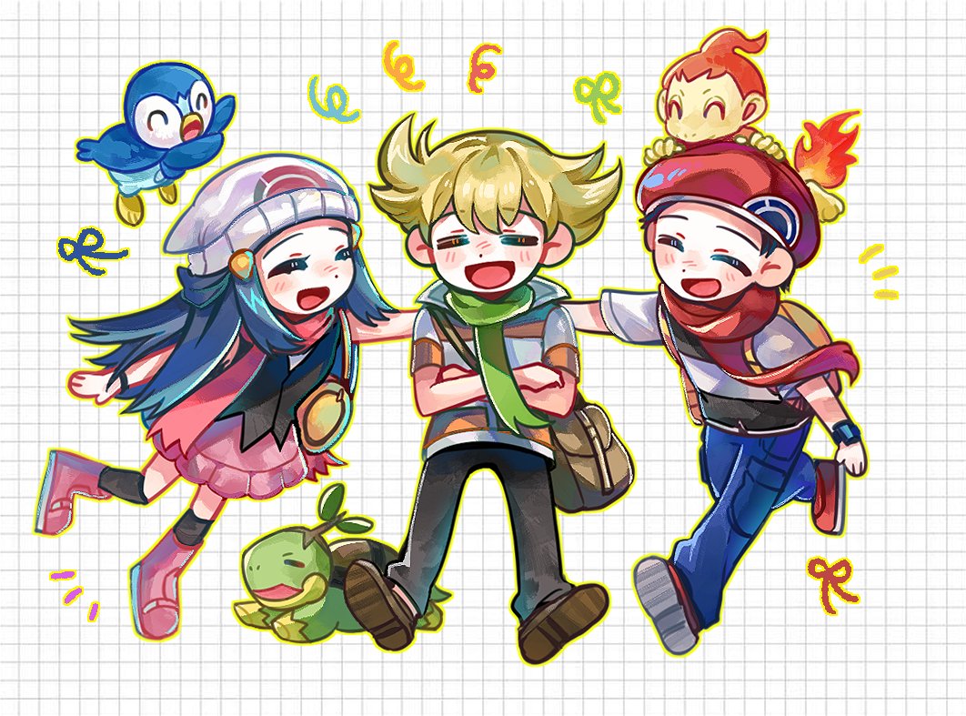 1girl 2boys :d barry_(pokemon) beanie beret black_shirt black_socks blonde_hair blue_pants boots brown_bag brown_shoes chimchar commentary_request creatures_(company) dawn_(pokemon) game_freak gen_4_pokemon green_scarf grid_background hair_ornament hairclip happy hat jacket kong_(6ki3ki) korean_commentary long_hair lucas_(pokemon) multiple_boys nintendo on_head open_mouth pants pink_shoes pink_skirt piplup pokemon pokemon_(creature) pokemon_dppt pokemon_on_head red_hat red_scarf scarf shirt shoes short_hair sidelocks skirt sleeveless sleeveless_shirt smile socks starter_pokemon_trio striped_clothes striped_jacket turtwig