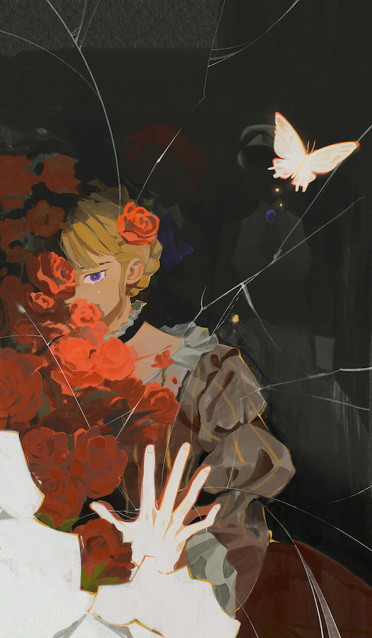 1boy 2girls 404_hemao beatrice_(umineko) blonde_hair blue_eyes broken_mirror brown_dress bug butterfly cowboy_shot crying crying_with_eyes_open dress fingernails flower hair_flower hair_ornament insect kanon_(umineko) mirror multiple_girls red_flower red_rose rose shannon_(umineko) solo_focus tears umineko_no_naku_koro_ni witch