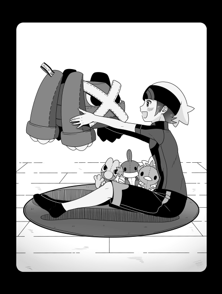 1boy black_border border brendan_(pokemon) creatures_(company) from_side game_freak gen_3_pokemon greyscale hat himari_g_(sr) holding holding_stuffed_toy male_focus metagross monochrome mudkip nintendo open_mouth pokemon pokemon_rse rug short_hair short_sleeves sitting stuffed_animal stuffed_toy torchic treecko wooden_floor