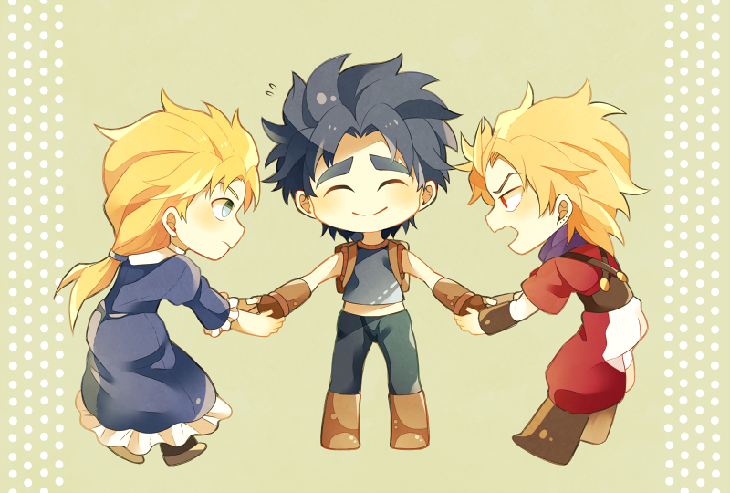 1girl 2boys backpack bad_id bad_pixiv_id bag birthmark blonde_hair blue_dress blue_eyes blue_hair boots brown_footwear brown_gloves dio_brando dress erina_pendleton closed_eyes fingerless_gloves flying_sweatdrops gloves hair_tie jojo_no_kimyou_na_bouken jonathan_joestar multiple_boys open_mouth ponytail red_eyes shuntaro_(syun_gaomu) smile