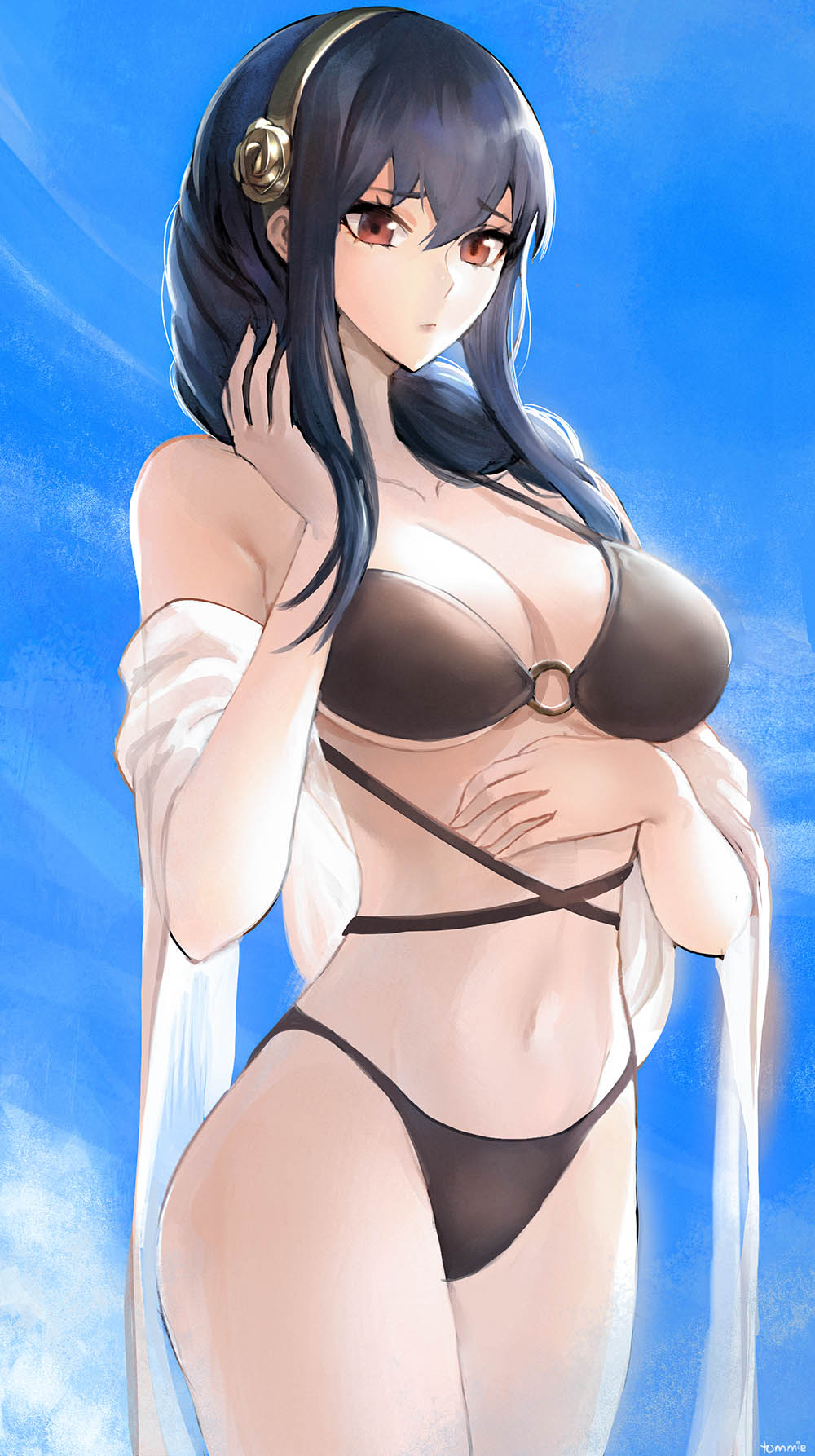 1girl alternate_hairstyle bare_shoulders bikini black_hair blush breasts gold_hairband hair_down hairband highres jacket jewelry large_breasts long_hair off_shoulder red_eyes sidelocks solo spy_x_family swimming swimsuit tommy_(kingdukeee) undefined yor_briar
