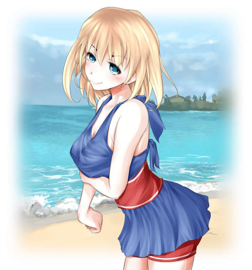 1girl alternate_eyebrows arm_under_breasts bare_arms bare_shoulders beach blue_eyes blue_sky breasts cleavage closed_mouth cloud cloudy_sky commentary_request day feet_out_of_frame floris hair_between_eyes light_blush looking_at_viewer medium_breasts medium_hair mismatched_eyebrows ocean outdoors partial_commentary sand shin_(highest1192) sky smile solo standing swimsuit toaru_majutsu_no_index water