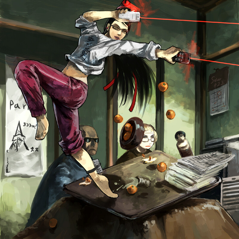 1boy 2girls bald barefoot bayonetta bayonetta_(series) bayonetta_1 black_hair blonde_hair calendar_(object) casual clothes_writing controller cup dark_skin dual_wielding earrings fighting_stance food fruit game_console glasses gregorius_yamada hair_bun hair_ribbon holding jeanne_(bayonetta) jewelry jumping kotatsu laser leg_lift lipstick long_hair makeup mandarin_orange midriff multiple_girls newspaper one_eye_closed orange_(fruit) pants parody red_ribbon remote_control ribbon rodin shirt single_hair_bun sleeves_rolled_up spill sunglasses table wii wink