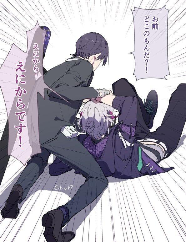 2boys 6tnut9 artist_name bandaged_hand bandages belt belt_buckle black_jacket black_pants black_shoes blazer buckle emphasis_lines facing_away first_aid_kit from_behind fuwa_minato fuwa_minato_(1st_costume) grey_hair grey_shirt hood hood_down hooded_jacket jacket kenmochi_touya kenmochi_touya_(1st_costume) kneeling long_sleeves male_focus multicolored_hair multiple_boys nijisanji pants pink_hair purple_hair purple_socks shadow shirt shoes short_hair simple_background sitting socks speech_bubble streaked_hair translation_request virtual_youtuber weapon_bag white_background white_belt