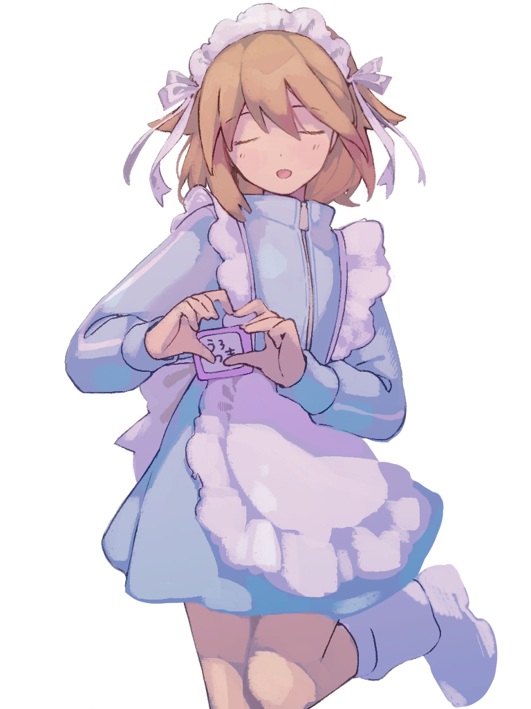 1girl apron blonde_hair blue_jacket closed_eyes commentary_request cowboy_shot dot_nose facing_viewer frilled_apron frills fuyuki_eru hair_flaps hands_up heart heart_hands jacket jersey_maid leg_warmers long_sleeves maid maid_headdress medium_hair name_tag open_mouth ribbon shoes simple_background solo standing standing_on_one_leg track_jacket translation_request unconventional_maid urotsuki white_apron white_background white_ribbon white_shoes yume_2kki