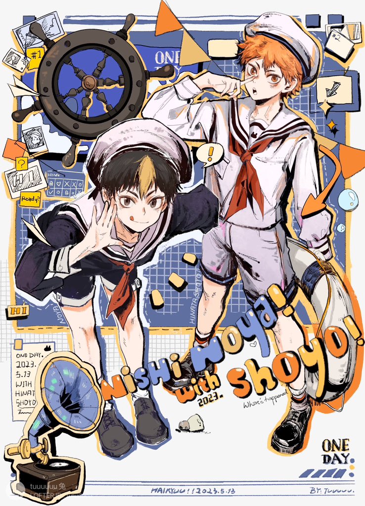 ! 2023 2boys :d anchor black_footwear black_hair black_shirt black_shorts blonde_hair character_name character_request check_character closed_mouth commentary english_text finger_to_own_nose full_body garland_(decoration) grey_footwear haikyuu!! hashtag-only_commentary hat hinata_shouyou holding holding_swim_ring innertube kageyama_tobio leaning_forward light_blush long_sleeves male_focus multicolored_hair multiple_boys neckerchief open_mouth orange_eyes orange_hair orange_outline outline phonograph red_neckerchief sailor sailor_collar sailor_hat sailor_shirt shirt shoes short_hair shorts smile sneakers socks spoken_exclamation_mark standing streaked_hair swim_ring teeth tongue tongue_out tuuuuuututu upper_teeth_only white_background white_hat white_innertube white_outline white_sailor_collar white_shirt white_shorts white_socks