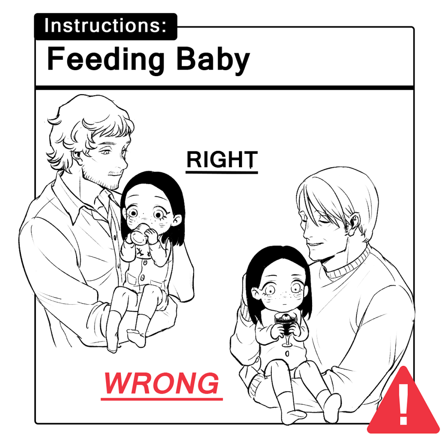 ! 1girl 2boys animification baby baby_bottle baby_instructions_101_(meme) beard_stubble bottle buttons carrying carrying_baby carrying_person character_request child chinese_commentary closed_mouth cocktail collarbone collared_shirt commentary_request cropped_torso drinking english_text eyelashes facial_hair food freckles glasses greyscale hand_on_another&#039;s_head hannibal_(tv_series) hannibal_lecter holding holding_bottle ice_cream light_smile long_hair long_sleeves meme messy_hair milrice monochrome multiple_boys multiple_views mustache_stubble onesie parted_lips shirt short_hair sign simple_background socks stubble sweater thick_eyebrows warning_sign white_background will_graham wrinkled_skin