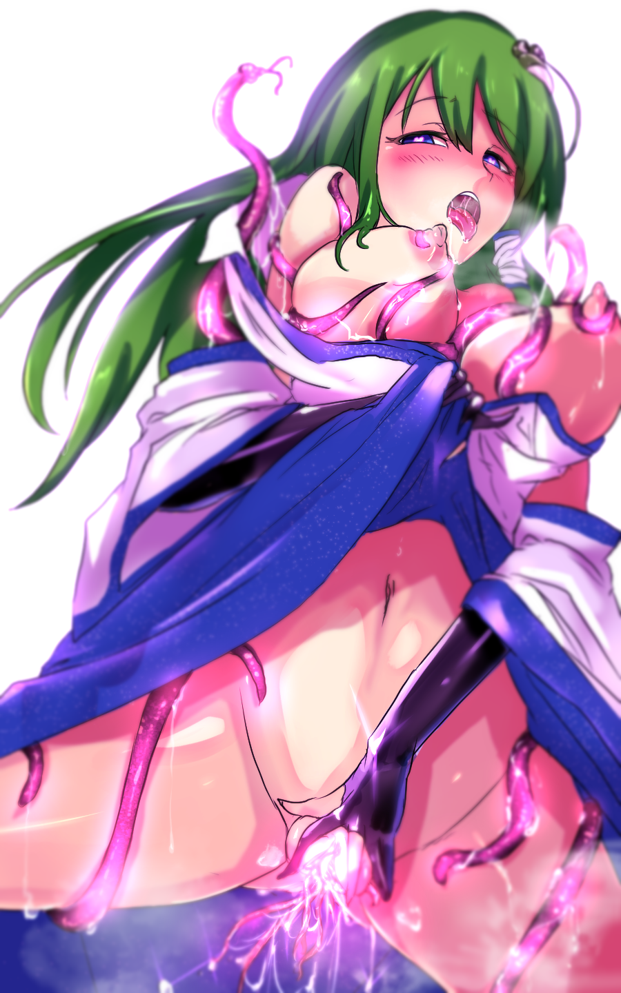 1girl amatou3 blue_eyes corruption dark_persona elbow_gloves frog_hair_ornament gloves green_hair hair_ornament heart heart-shaped_pupils highres japanese_clothes kimono kochiya_sanae long_hair looking_at_viewer nipples open_mouth pubic_tattoo pussy saliva solo steam symbol-shaped_pupils tattoo tentacles touhou white_background white_kimono