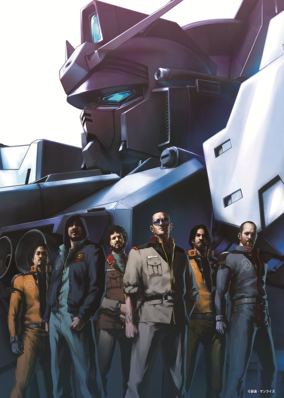 6+boys beard belt black_hair bourdon brad_delson bradford_phillip_delson brown_hair chester_bennington chester_charles_bennington crossover david_farrell david_michael_farrell epic facial_hair gloves gundam gundam_0083 gundam_gp-01_full_vernian_zephyranthes highres joe_hahn joseph_hahn linkin_park male_focus mecha michael_kenji_shinoda mike_shinoda military military_uniform multiple_boys official_art ooicial parody real_life realistic rob rob_bourdon robot short_hair sleeves_rolled_up sunglasses tattoo