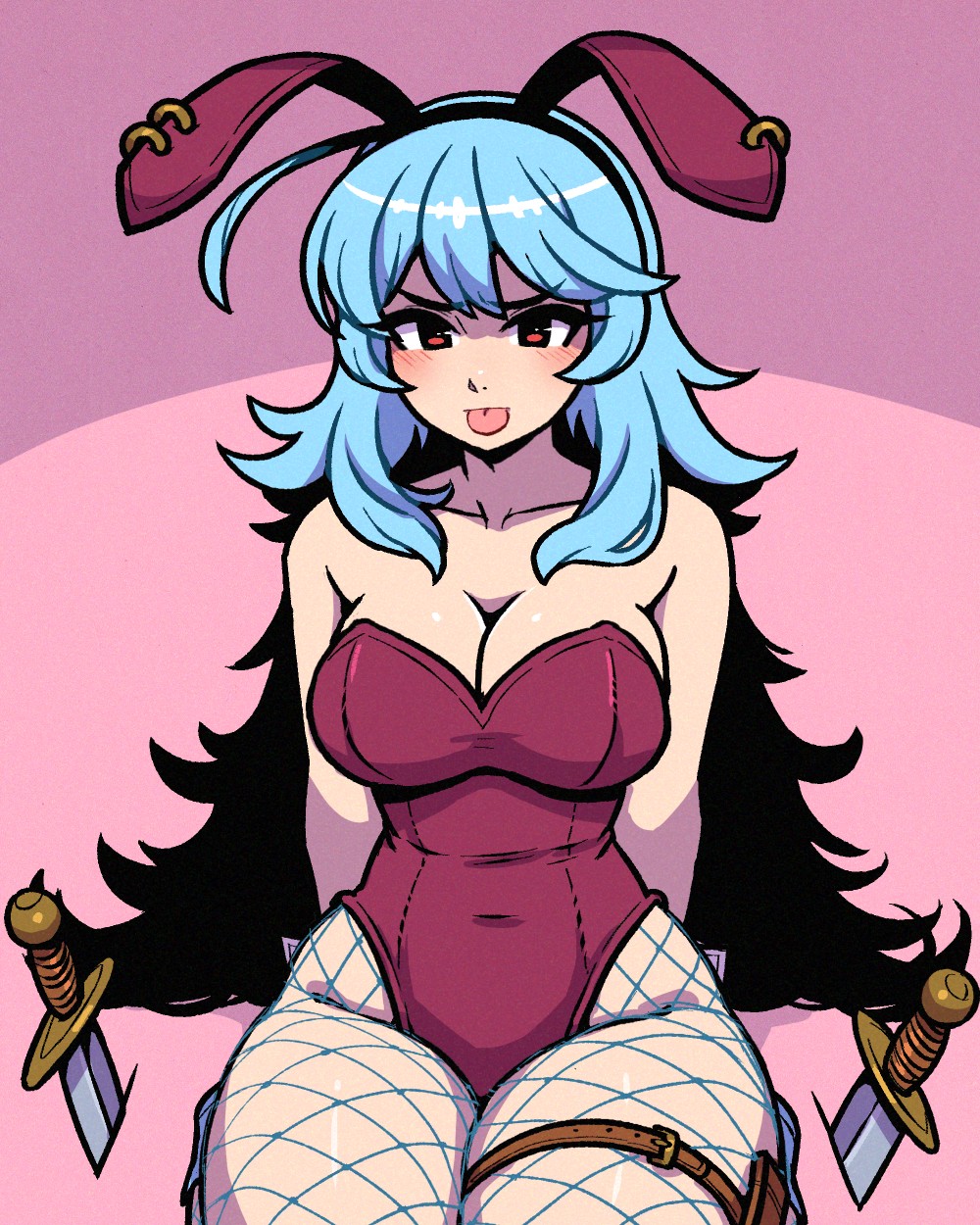 1girl akairiot animal_ears bare_shoulders blue_hair breasts bunny_crimson_(akairiot) cleavage fake_animal_ears fishnet_pantyhose fishnets highres knife large_breasts leotard long_hair looking_at_viewer original pantyhose playboy_bunny rabbit_ears red_eyes simple_background solo strapless strapless_leotard tongue tongue_out