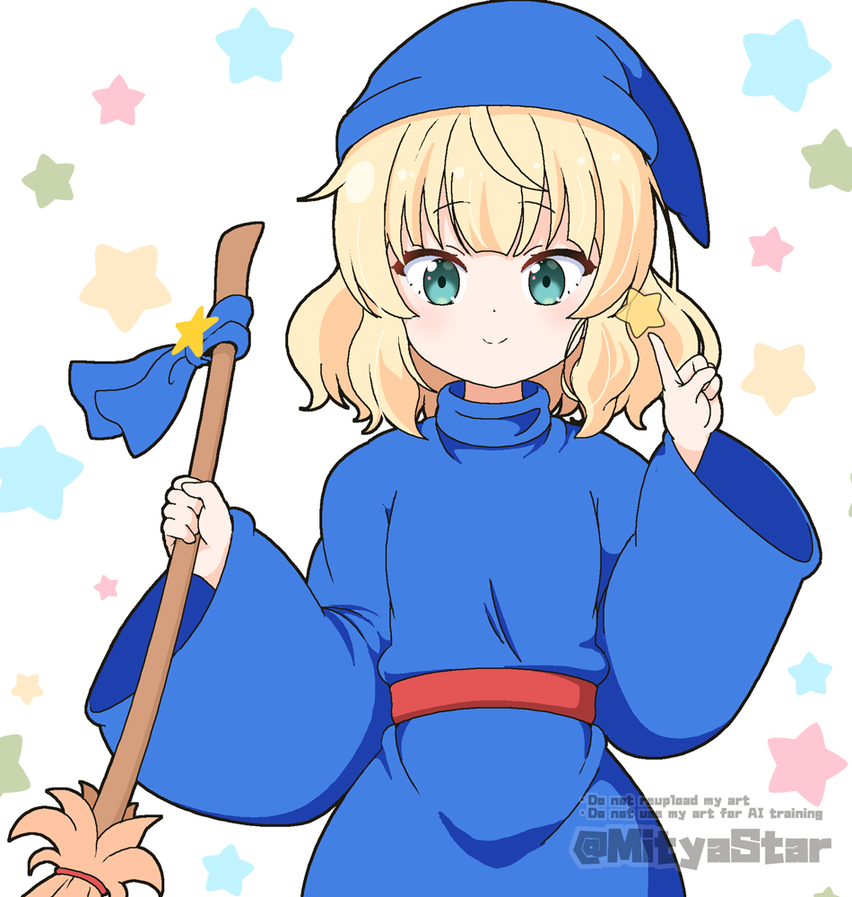 1girl blonde_hair blue_headscarf blue_robe broom closed_mouth commentary_request cosplay gochuumon_wa_usagi_desu_ka? green_eyes hands_up hat headscarf holding holding_broom index_finger_raised kirima_syaro long_sleeves looking_at_viewer mitya official_cosplay puyopuyo revision robe simple_background smile solo star_(symbol) twitter_username white_background wide_sleeves witch_(puyopuyo) witch_(puyopuyo)_(cosplay)