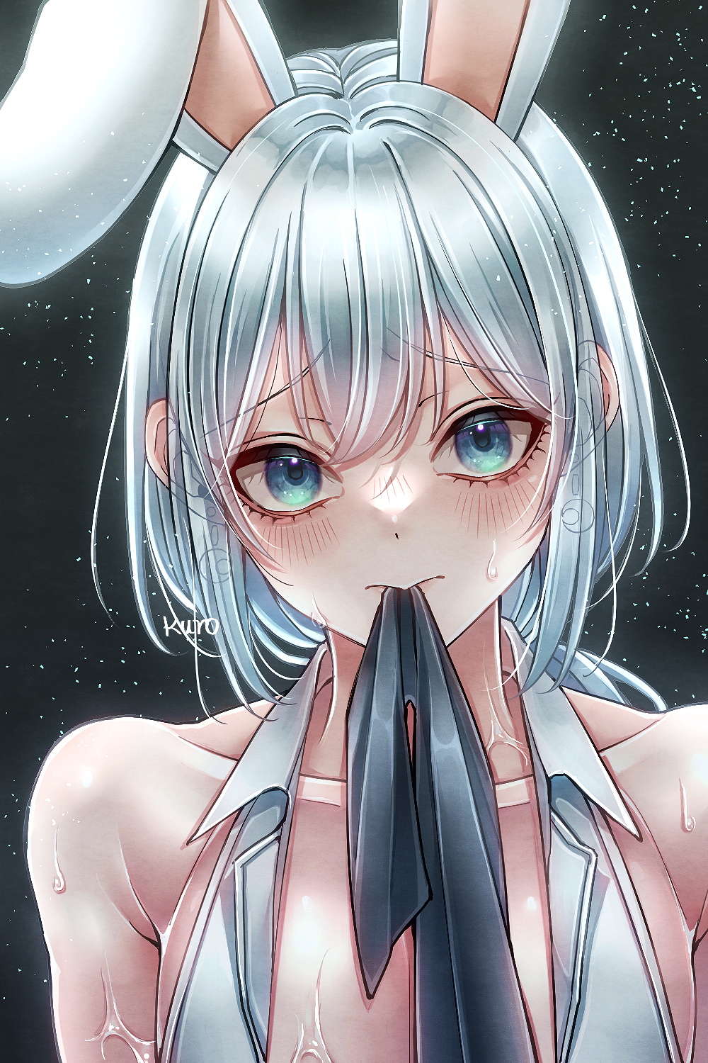 1boy aegyo_sal androgynous animal_ears aqua_eyes collarbone commentary_request crescent crescent_earrings dragon_quest dragon_quest_x earrings grey_background hero_(dq10) highres jewelry kuro11_222 long_hair looking_at_viewer male_focus mouth_hold open_clothes open_shirt ponytail rabbit_boy rabbit_ears shirt sleeveless sleeveless_shirt solo suggestive_fluid sweat trap upper_body white_hair white_shirt