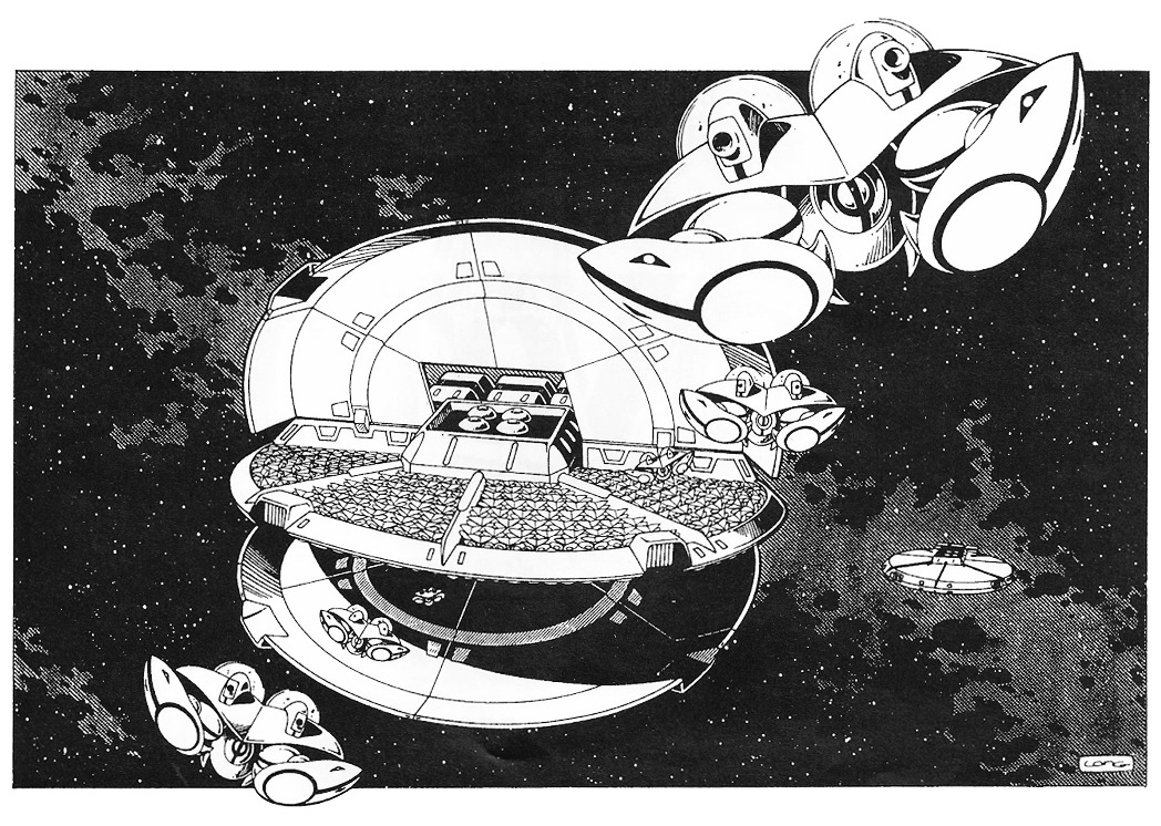1980s_(style) alien claw_(weapon) energy_cannon igaa inbit kevin_long kikou_souseiki_mospeada mecha monochrome mospeada nebula official_art oldschool one-eyed open_hatch retro_artstyle robot robotech scan sheldo signature space spacecraft star_(sky) thrusters traditional_media weapon western_comics_(style)