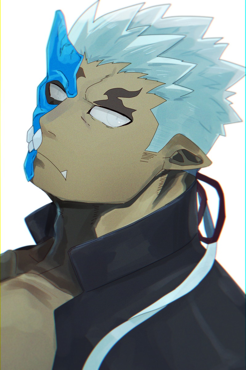 1boy bara black_ribbon blue_mask commentary_request dark-skinned_male dark_skin gakuran hair_slicked_back half_mask highres horned_mask horns looking_at_viewer low_ponytail male_focus mask monster_boy muscular muscular_male no_eyebrows no_shirt oni_mask pointy_ears ponytail ribbon school_uniform short_hair shuten_douji_(housamo) sideburns simple_background single_horn solo spiked_hair suna_sand1 tokyo_houkago_summoners tusks upper_body white_background white_eyes white_hair