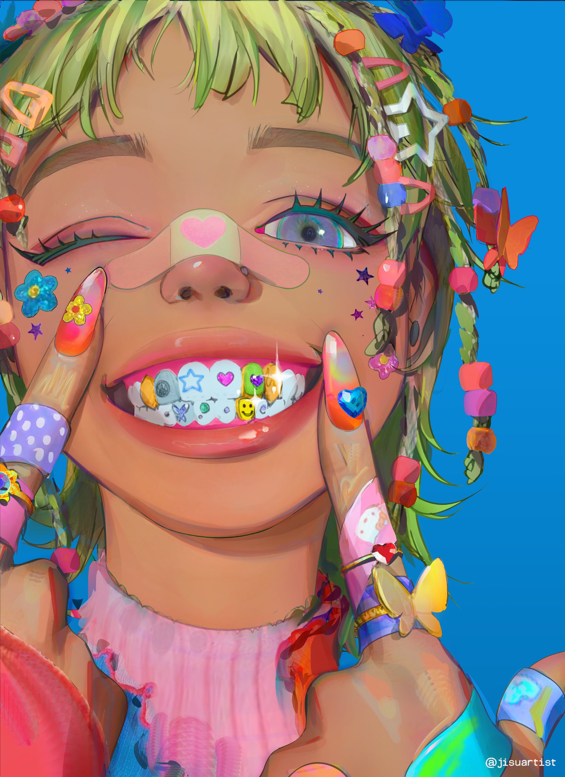 1girl absurdres bandaid bandaid_on_face bandaid_on_hand bandaid_on_nose beads blue_background blue_eyes blue_nails braid butterfly_hair_ornament butterfly_ring colored_teeth commentary dark-skinned_female dark_skin decora english_commentary eyeshadow eyeshadow_under_eye flower_sticker frilled_shirt_collar frills green_hair green_nails green_teeth grills hair_beads hair_ornament hairclip hello_kitty hello_kitty_(character) highres jewelry jisuart lips looking_at_viewer makeup multicolored_eyes multicolored_nails nail_polish nose one_eye_closed open_mouth orange_nails orange_teeth original pink_eyeshadow pink_lips pink_nails portrait purple_eyes ring sanrio shiny_lips simple_background smile solo star_(symbol) star_hair_ornament star_sticker sticker_on_face teeth twitter_username yellow_teeth