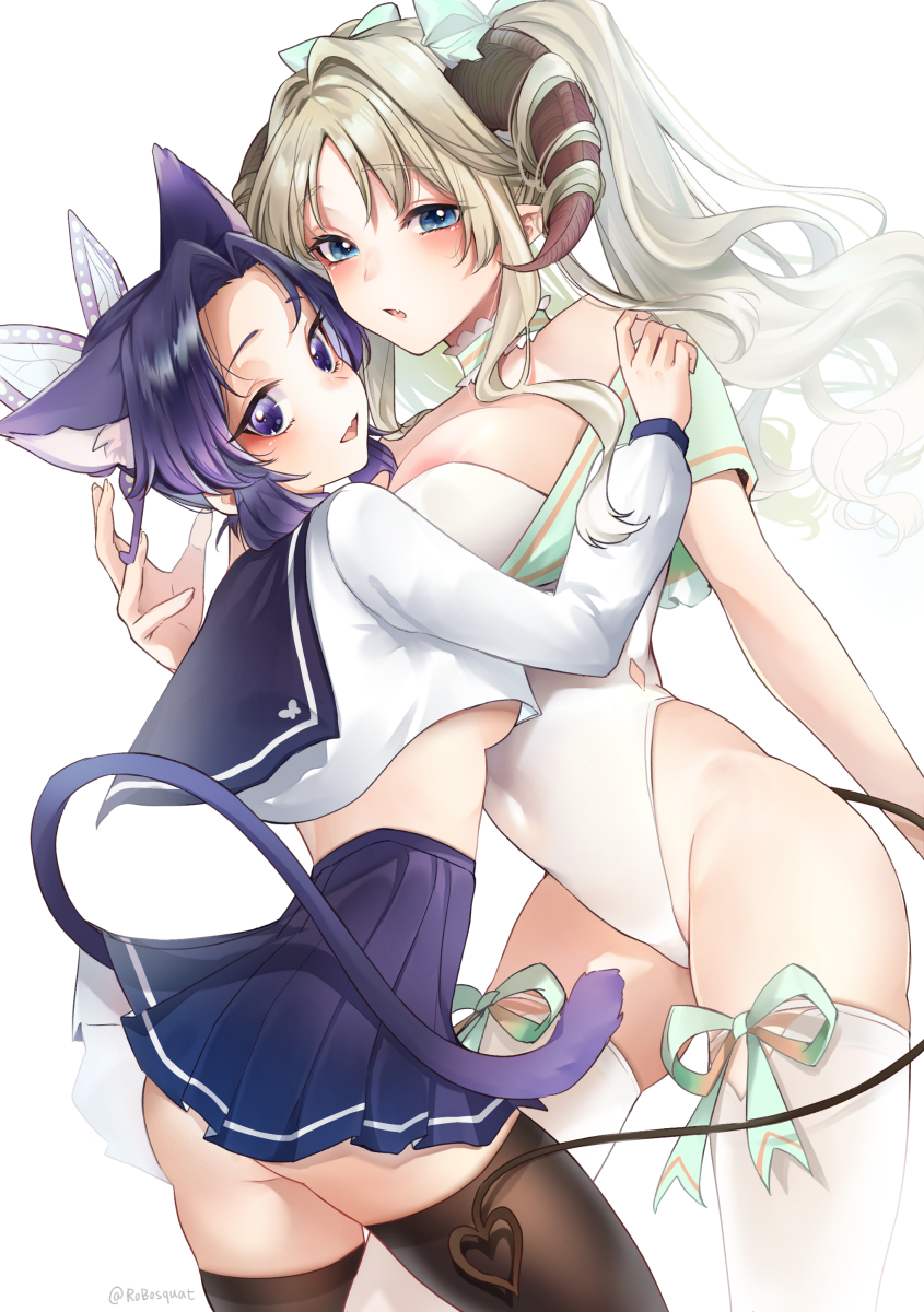 2girls animal_ears ass blonde_hair blue_eyes blush breasts butterfly_hair_ornament carrot_(robosquat) cat_ears cleavage crop_top crossover darling_in_the_franxx hair_ornament hand_on_another&#039;s_shoulder hayami_saori highres horns kimetsu_no_yaiba kochou_shinobu kokoro_(darling_in_the_franxx) large_breasts long_hair long_sleeves looking_at_viewer multiple_girls neck_ribbon one-piece_thong open_mouth purple_eyes purple_hair ribbon school_uniform serafuku short_hair short_sleeves skirt smile tail thighhighs underboob voice_actor_connection white_background wind wind_lift