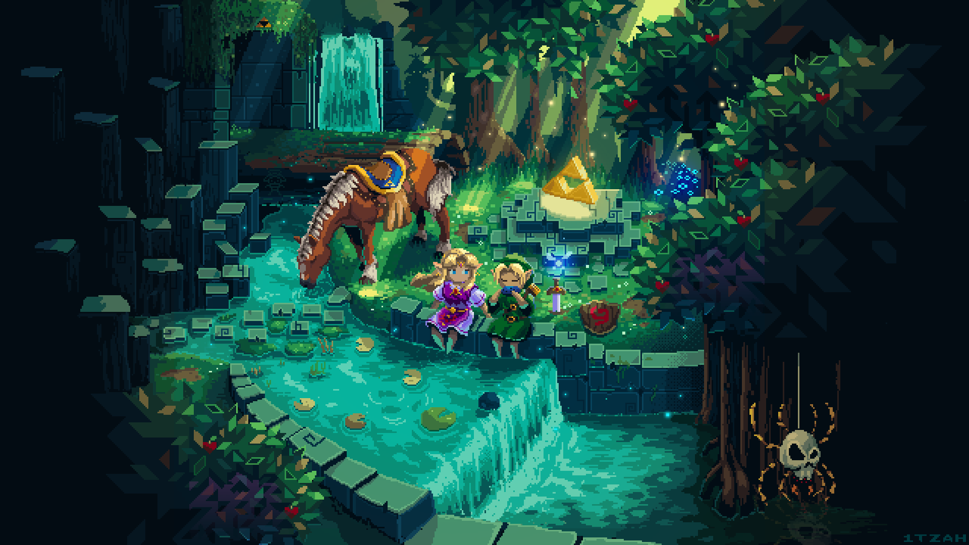 1boy 1girl animal artist_name blinking blonde_hair blue_eyes closed_eyes deku_shield dress english_text epona fairy green_tunic heads-up_display heart highres holding holding_instrument horse instrument itzah leaf light_rays lily_pad link log long_hair music navi nintendo ocarina outdoors partially_submerged pixel_art planted planted_sword planted_weapon playing_instrument pointy_ears princess_zelda purple_dress saddle shield sitting sunbeam sunlight sword the_legend_of_zelda the_legend_of_zelda:_ocarina_of_time tree triforce tunic user_interface water weapon wooden_shield