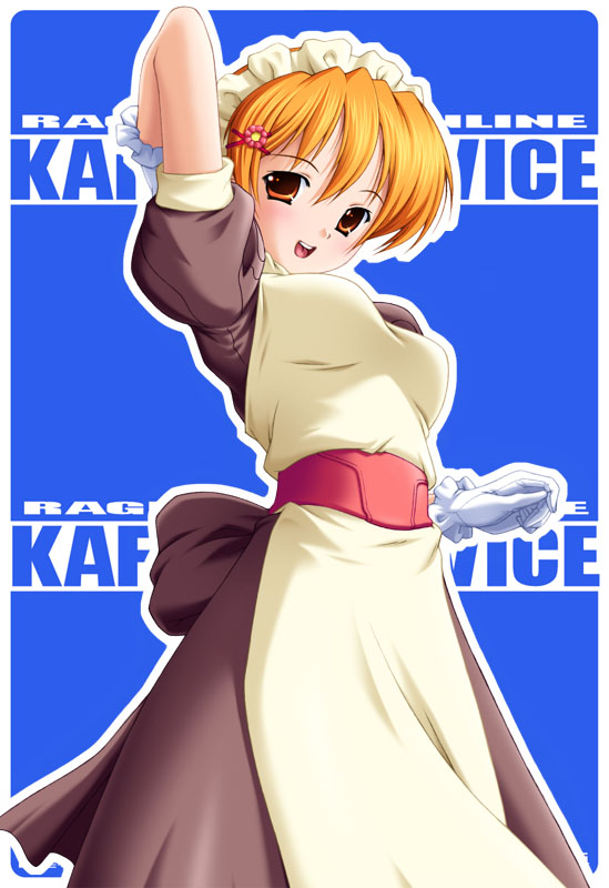 1girl apron arm_up blue_background blush bra breasts brown_dress brown_eyes commentary_request copyright_name cowboy_shot dress flower gloves hair_between_eyes hair_flower hair_ornament hairband kafra_uniform kazuma_muramasa looking_at_viewer maid maid_headdress medium_breasts navel open_mouth orange_hair outline puffy_short_sleeves puffy_sleeves ragnarok_online roxie_(ragnarok_online) short_sleeves smile solo standing underwear white_apron white_gloves white_outline