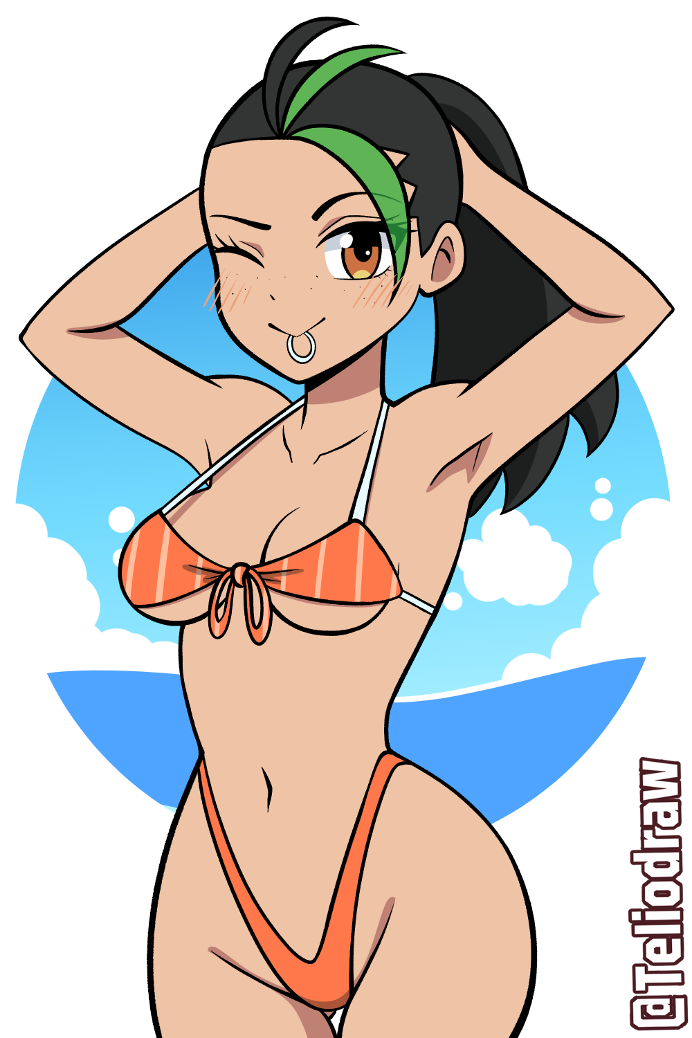 1girl adjusting_hair bikini black_hair blush breasts brown_eyes cloud collarbone dark_skin freckles green_hair highleg highleg_bikini highleg_panties highres long_hair looking_at_viewer medium_breasts mouth_hold multicolored_hair nemona_(pokemon) nintendo ocean orange_bikini panties pokemon pokemon_sv ponytail self-upload sky smile solo streaked_hair striped_bikini_top swimsuit teliodraw two-tone_hair underwear water
