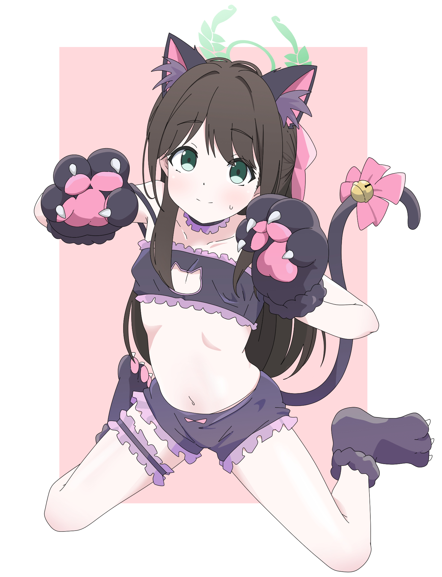 1girl airi_(blue_archive) animal_ears animal_hands bell black_bra black_gloves black_hair black_panties blue_archive blush bra breasts cat_cutout cat_ears cat_lingerie cat_paws cat_tail closed_mouth clothing_cutout cosplay fake_animal_ears fake_tail frilled_thigh_strap full_body gloves green_eyes green_halo halo highres jingle_bell long_hair looking_at_viewer meme_attire navel nyaru_(nyaru_4126) onii-chan_wa_oshimai! oyama_mahiro oyama_mahiro_(cosplay) panties paw_gloves small_breasts solo tail thigh_strap underwear