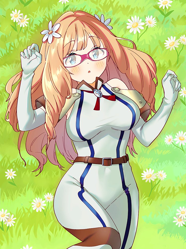 1girl :o blonde_hair blush elbow_gloves flower glasses gloves hair_flower hair_ornament long_hair lying on_grass sakura_trick second-party_source solo sonoda_mitsuki tachi_(gutsutoma)