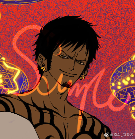 1boy black_hair chest_tattoo close-up closed_mouth earrings facial_hair fengcheche goatee jewelry looking_down male_focus one_piece sample_watermark short_hair sideburns smile solo tattoo trafalgar_law watermark weibo_watermark weibo_username yellow_eyes