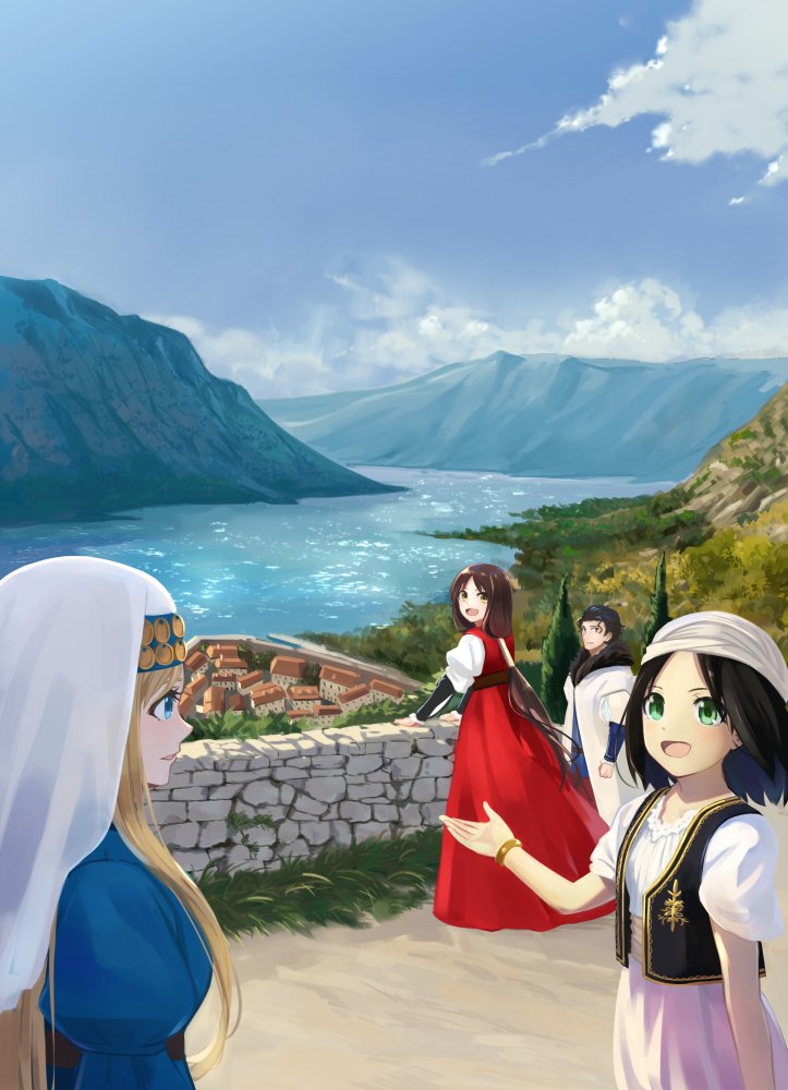 1boy 3girls aege-kai_wo_wataru_hana-tachi black_hair black_shirt black_vest blonde_hair blue_dress blue_eyes bracelet brown_sailor_collar cliff cloud coat commentary dress fur-trimmed_coat fur_trim grass green_eyes hair_tubes hand_on_wall headscarf hill hinoshita_akame jewelry layered_dress lisa_(aege-kai_wo_wataru_hana-tachi) long_hair low_ponytail medium_hair mountainous_horizon multiple_girls official_art olha_(aege-kai_wo_wataru_hana-tachi) open_mouth outdoors pink_skirt ponytail puffy_short_sleeves puffy_sleeves red_dress river road sailor_collar shirt short_hair short_sleeves single_hair_tube skirt stone_wall town tree tzivyah_(aege-kai_wo_wataru_hana-tachi) veil very_long_hair vest white_coat white_dress white_headscarf white_shirt white_veil