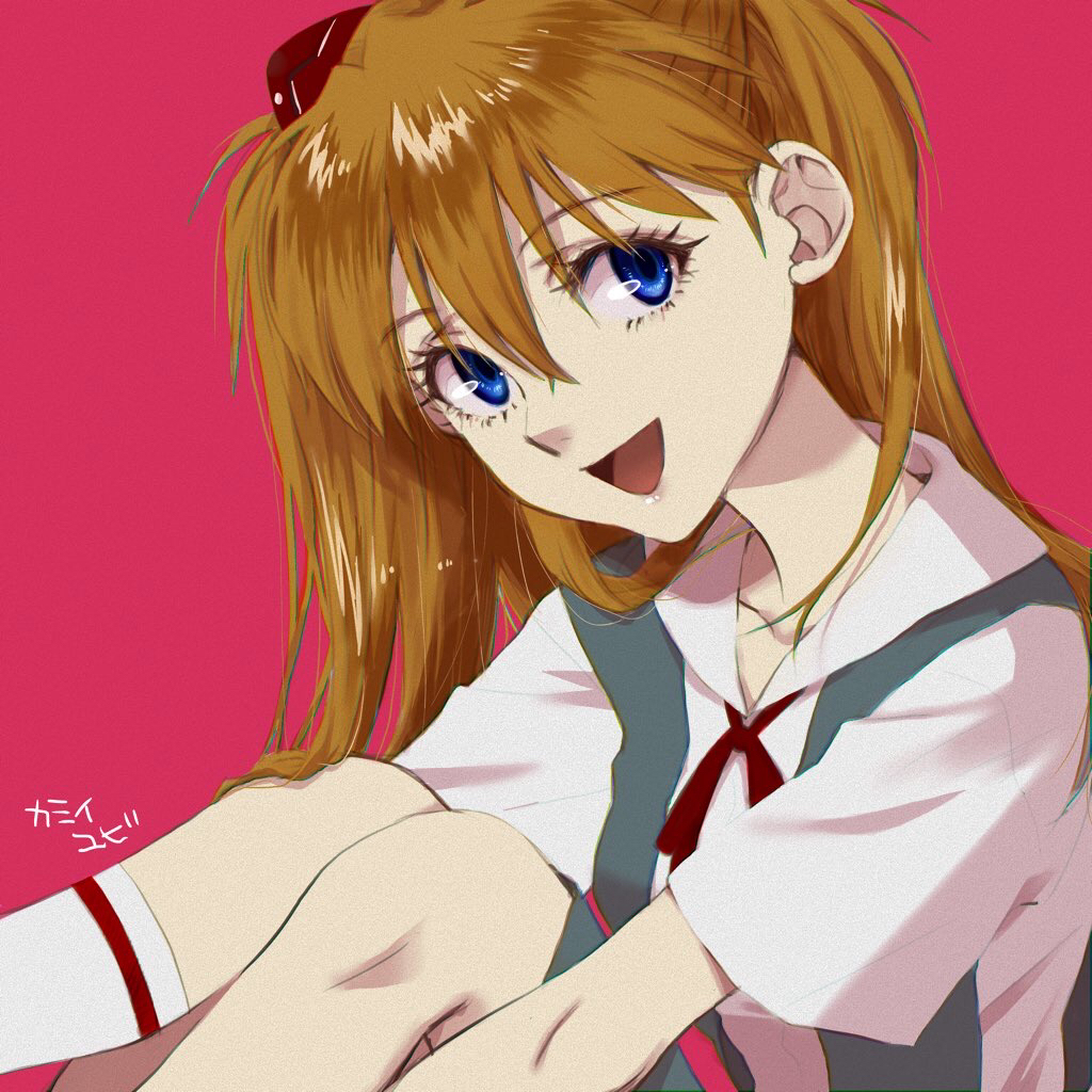 1girl blue_eyes breasts brown_hair fetal_position hair_ornament lips long_hair looking_at_viewer neon_genesis_evangelion open_mouth red_background school_uniform simple_background skirt solo souryuu_asuka_langley tokyo-3_middle_school_uniform two_side_up very_long_hair yubi_kamii