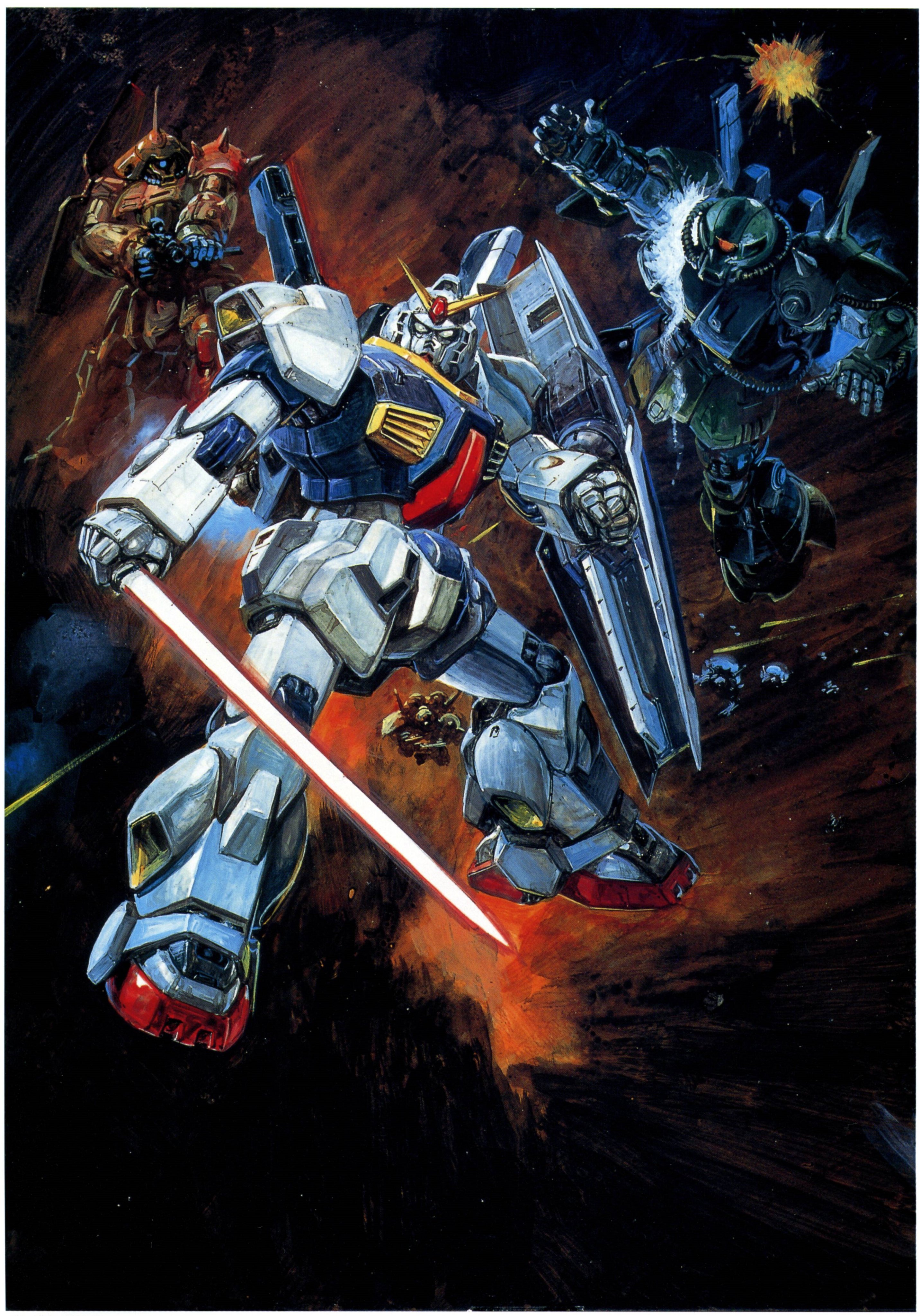 absurdres energy_sword gundam gundam_mk_ii highres hizack marasai mecha official_art robot shield space takani_yoshiyuki zeta_gundam