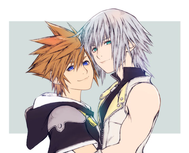 2boys bare_shoulders black_jacket blue_eyes brown_hair closed_mouth commentary_request green_eyes grey_hair hair_between_eyes hood hood_down jacket kingdom_hearts kingdom_hearts_ii lapels looking_at_viewer male_focus mim_(mimya0600) multiple_boys notched_lapels popped_collar riku_(kingdom_hearts) short_sleeves sleeveless sleeveless_jacket smile sora_(kingdom_hearts) unzipped upper_body zipper