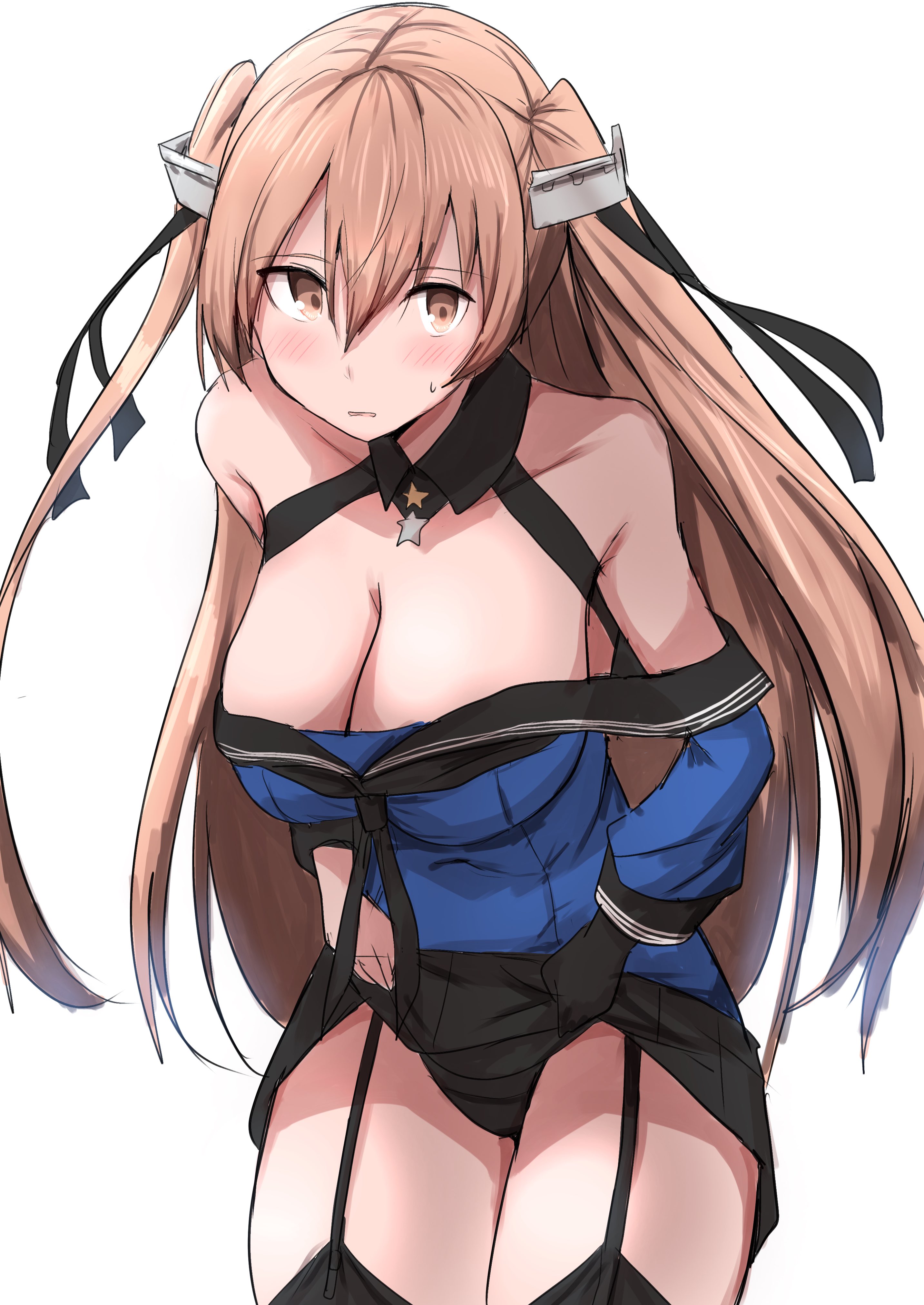 1girl absurdres black_gloves black_neckerchief black_panties black_ribbon black_sailor_collar black_thighhighs blue_shirt breasts brown_eyes cleavage clothes_lift garter_straps gloves hair_ribbon headgear highres johnston_(kancolle) kamaboko_senshi kantai_collection large_breasts lifting_own_clothes light_brown_hair long_hair long_sleeves neckerchief panties ribbon sailor_collar school_uniform serafuku shirt simple_background single_glove skirt skirt_lift solo thighhighs two_side_up underwear white_background