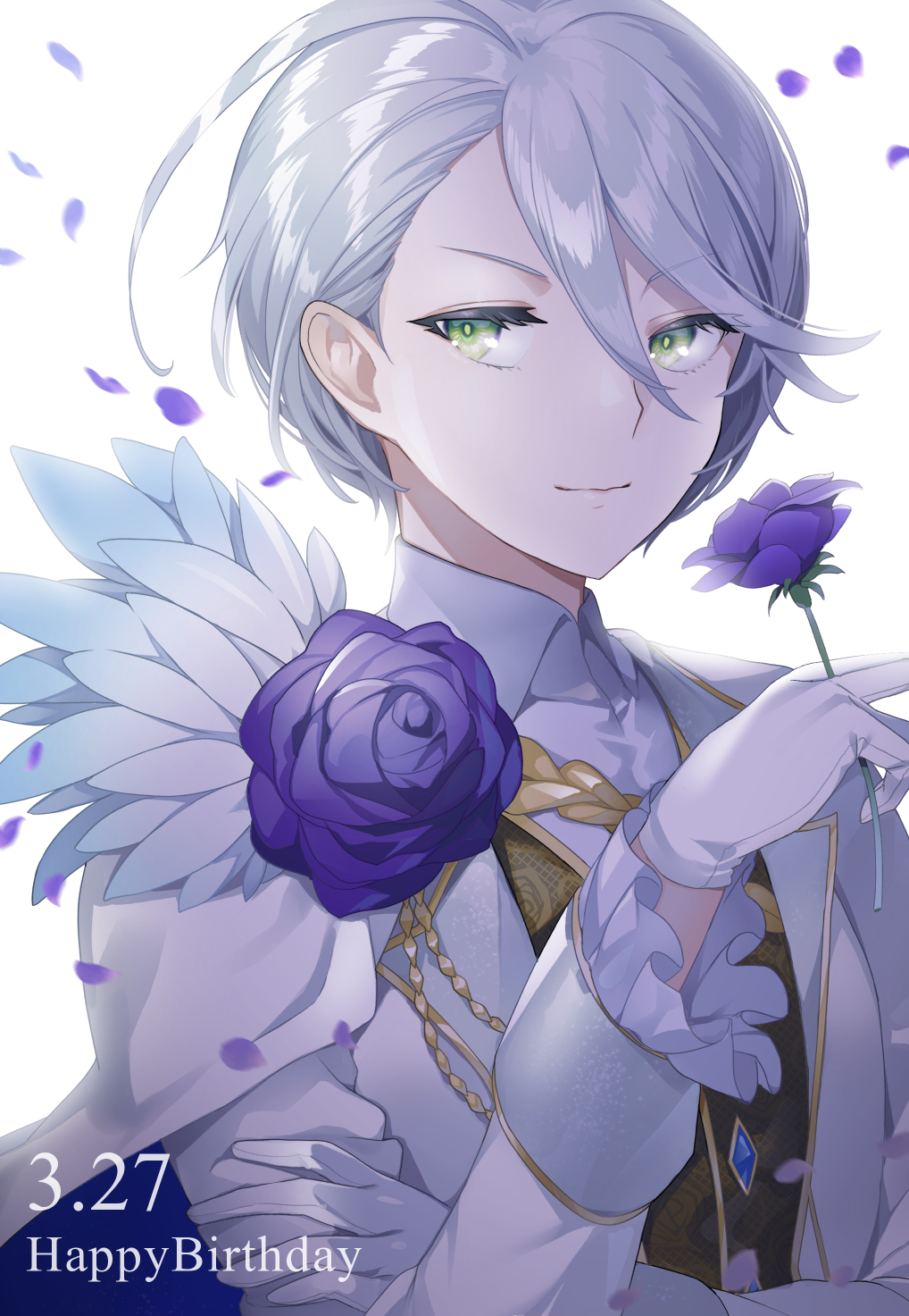 1girl bad_id bad_twitter_id closed_mouth collared_shirt flower gloves green_eyes grey_hair hair_between_eyes hand_up happy_birthday highres holding holding_flower inactive_account jacket long_sleeves looking_at_viewer nabeshima_(pon_nbsm) petals pretty_series pripara purple_flower purple_rose reverse_trap rose shikyoin_hibiki shirt short_hair smile solo upper_body white_background white_gloves white_jacket white_shirt