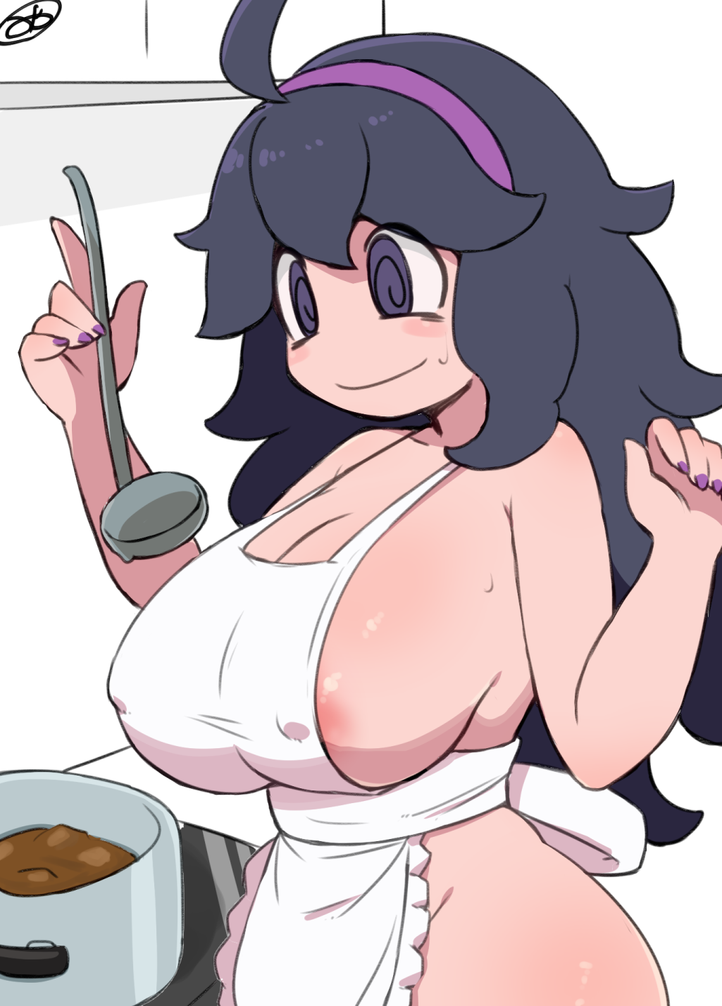 1girl @_@ ahoge apron black_hair blush breasts cleavage collarbone cooking_pot covered_erect_nipples food hairband hex_maniac_(pokemon) holding holding_ladle kitchen ladle large_breasts long_hair looking_down miyazero naked_apron nintendo pokemon pokemon_xy purple_eyes purple_nails sideboob smile soup standing sweat white_apron