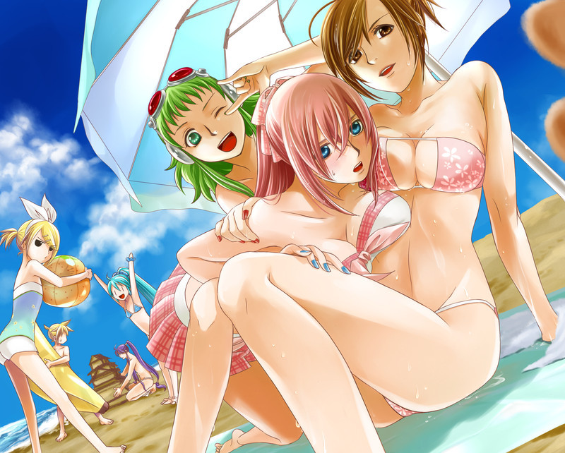 2boys 5girls angry aqua_hair arm_grab arm_support arm_up arms_up ball banana banana_boat bare_shoulders barefoot beach beachball bent_over bikini black_eyes blonde_hair blue_eyes blue_nails blush breast_press breasts brown_eyes brown_hair cleavage cloud day dutch_angle eyepatch_bikini eyewear_on_head flat_chest food fruit green_eyes green_hair gumi hair_ornament hair_ribbon hair_up hairclip hand_on_shoulder happy hatsune_miku holding hug kagamine_len kagamine_rin kamui_gakupo kneeling large_breasts leg_grab legs long_hair looking_at_viewer looking_back m/ md5_mismatch megurine_luka meiko_(vocaloid) multiple_boys multiple_girls nail_polish one-piece_swimsuit one_eye_closed open_mouth outdoors parasol pink_hair ponytail project_diva project_diva_(series) project_diva_2nd purple_hair red_nails resolution_mismatch ribbon sand sand_castle sand_sculpture serious short_hair shy sitting skirt sky smile source_larger standing strapless strapless_bikini summer sunglasses surprised sweat swimsuit towel toyu umbrella very_long_hair vocaloid water wet wink