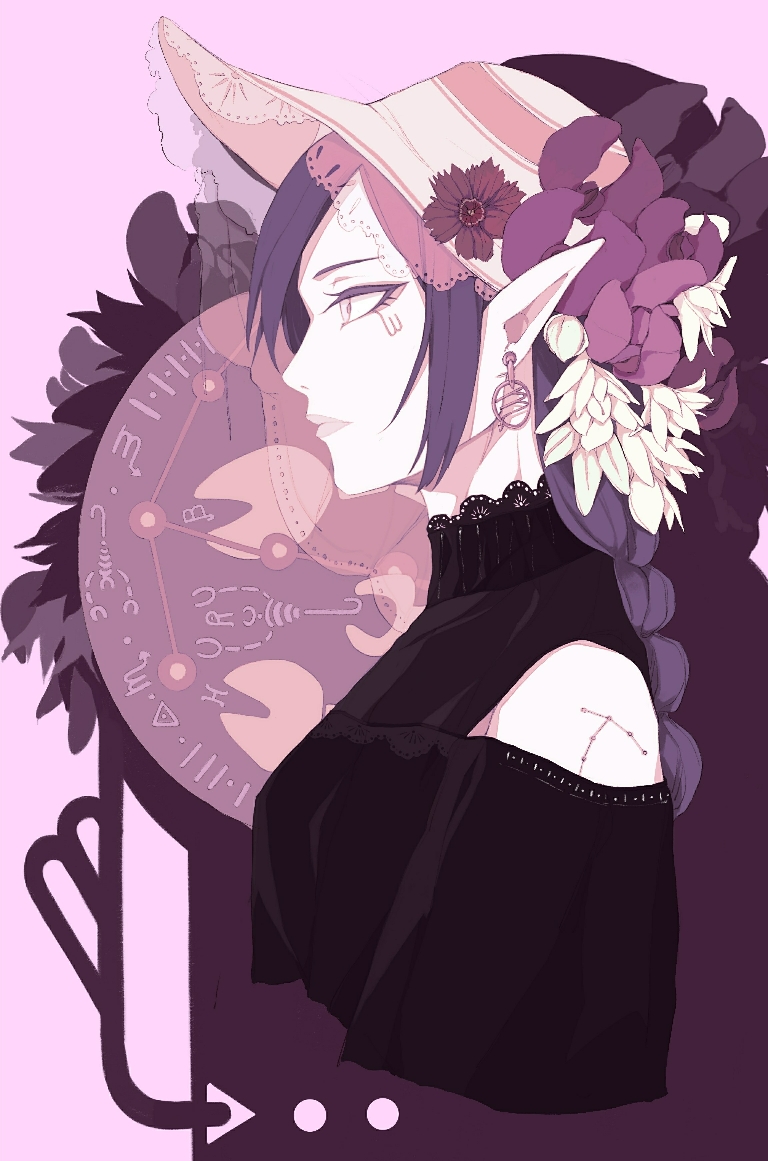 1girl black_shirt braid brh brown_flower brown_hat closed_mouth clothing_cutout collar cropped_torso earrings eyeshadow facial_tattoo flower frilled_collar frills from_side hat hat_flower jewelry lips long_hair makeup original pointy_ears purple_background purple_eyes purple_hair scorpio_(symbol) scorpio_(zodiac) scorpion scorpius_(constellation) shirt shoulder_cutout shoulder_tattoo solo tattoo zodiac