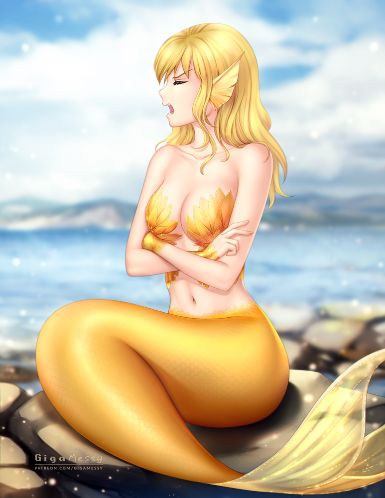 1girl artist_name blonde_hair blurry blurry_background breasts closed_eyes cloud cloudy_sky commission crossed_arms fins gigamessy head_fins long_hair mermaid monster_girl monsterification navel ningyo_numa open_mouth outdoors rock scales sitting sky solo teeth watermark yamazaki_rin
