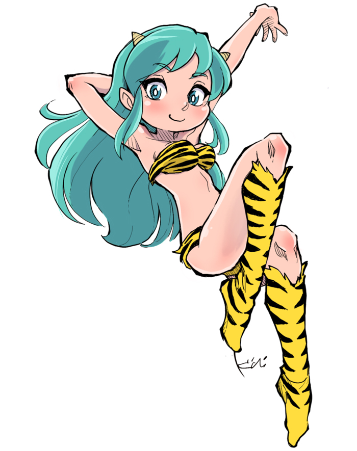 1girl aqua_eyes aqua_hair arm_behind_head arm_up bikini boots breasts collarbone cone_horns full_body hashtag-only_commentary horns kiichi knee_boots long_hair looking_at_viewer lum pointy_ears print_bikini print_boots sidelocks signature simple_background smile solo swimsuit urusei_yatsura white_background